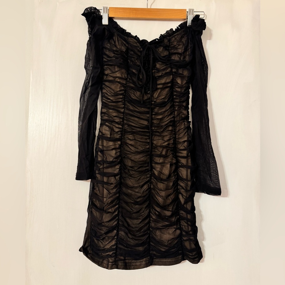 REVOLVE Black and Tan Off the Shoulder Babydoll Dress